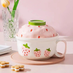 Kawaii Bra&scaron;kių Ramen Dubenėlis su Dangteliu Keramika Mielas Vaisių Sriubos Salotų Greitai Paruo&scaron;iamų Makaronų Didelis Dubuo Namų Virtuvės Indai 700ml white