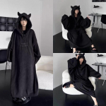 Žiemos rudens &bdquo;Little Devil&ldquo; mieguisti pastorinta pamink&scaron;tinta pižama vienspalviai rūbai namuose Laisvi oversized suknelės su gobtuvu Pora chalatas Vientisas miegui M juoda