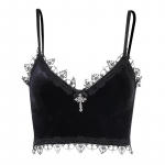 Velvet Y2K Mall Goth Crop Tops Juodos Lace Trim Emo Alternatyvios estetinės apkarpytos vir&scaron;utinės moteri&scaron;kos seksualios juostelės be nugaros S juoda