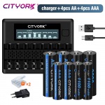 CITYORK 1,2 V AA įkraunama baterija + 1,2 V AAA NI-MH įkraunamos baterijos + 8 lizdai 1,2 V AA AAA USB baterijų įkroviklis juoda