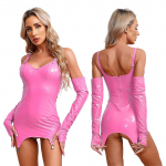 Moteri&scaron;ka blizgios lakinės odos Bodycon suknelė su reguliuojamais petne&scaron;ėlėmis nugaroje Mini suknelė su rankovėmis Sexy Clubwear S rožinė