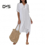 Moteri&scaron;ka laisvalaikio suknelė V formos i&scaron;kirpte trumpomis rankovėmis sagomis Dekoratyvinė midi suknelė Vienspalvė netaisyklingo apvado netikra dviejų dalių suknelė S juoda