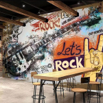 Graffiti freska Europos stiliaus Retro tapetai 3D Graffiti Nuimami tapetai Gitara Roko muzika Baro sienos freska 275cm(W) x 190 cm(H)
