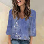 Moteri&scaron;ki mar&scaron;kinėliai su V kaklu, 3/4 rankovėmis, laisvalaikio mar&scaron;kinėliai, laisvi vasariniai mar&scaron;kinėliai, rudens džemperis tunika L mėlyna