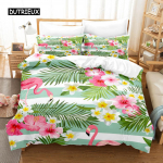 Flamingo antklodės užvalkalų komplektas, tropinių gyvūnų antklodės užvalkalas, lapai, palmių lapai, patalynės komplektas, poliesteris, gamtos tema, karalienės dydžio antklodės užvalkalas EU single(135x200cm)