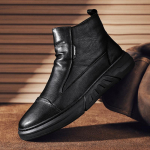 Men's shoes 2025 spring new leather surface waterproof and wear-resistant side zipper black trendy shoes men's high-top soft-soled casual shoes 39 juoda