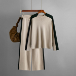 Rudens ir žiemos moteri&scaron;kų megztinių komplektas pusiau auk&scaron;to kaklo spalvos susidūrimo sujungimas mados ilgomis rankovėmis vir&scaron;utinės kelnės Dviejų dalių rinkinys One Size