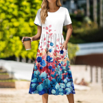 Women's Casual Cute pattern Print Round Neck Midi Dress Basic Classic Outdoor Everyday Short Sleeve Loose Dress L