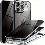 Metalinis magnetinis privatumo telefono dėklas, skirtas iPhone 17 16 15 14 13 12 11 Pro Max Plus XS 8 7, su apsauga nuo smalsumo, grūdinto stiklo objektyvo apsauga iPhone17 sidabras