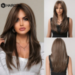 HAIRCUBE Ilgi tiesūs sintetiniai perukai Rudos spalvos mi&scaron;rios baltos spalvos plaukų sluoksniuotos perukai juodoms moterims kar&scaron;čiui atsparūs Cosplay perukai