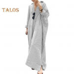 Moteri&scaron;ka pavasarinė suknelė mar&scaron;kinių tipo su dryžuotu ra&scaron;tu, atlapu, ilgomis rankovėmis, laisva, vienaeile, su skeltuku apačioje, didelio dydžio, mink&scaron;ta, kvėpuojanti, moteri&scaron;ka ilga suknelė XL pilka