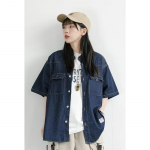 Japoni&scaron;kas Retro Mados Prekės Ženklas Vasariniai Laisvi Džinsiniai Mar&scaron;kiniai Trumpomis Rankovėmis Meninis Jaunimo Darbo Drabužių Mar&scaron;kiniai Vyri&scaron;ka ir Moteri&scaron;ka Daugiasluoksnė Striukė M tamsiai mėlyna spalva