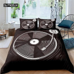 Muzikinis patalynės komplektas Vintage Mėlynas antklodės užvalkalas Senosios mokyklos gitara Plok&scaron;telės antklodės užvalkalas su 2 pagalvių užvalkalais Karalienės dydžio Kambario dekoras EU single(135x200cm)