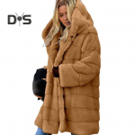 Moteri&scaron;ka žieminė striukė plius dydžio dirbtinio kailio laisvi vir&scaron;utiniai rūbai su gobtuvu Vidutinio ilgio sluoksniuotas termo pliu&scaron;inis paltas kasdieniam darbui lauke XL gelsvai ruda