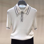 Gejia 2024 pavasario/vasaros moteri&scaron;ki polo apykaklės spalvų bloko trumpomis rankovėmis ledo &scaron;ilko prigludę mar&scaron;kinėliai XL (Size 5) tamsiai mėlyna