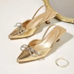 Prabangūs dizainerio kri&scaron;toliniai kaspinėliai ploni žemi kulniukai moteri&scaron;ki bateliai madingi gladiatoriaus sandalai slingback'ai vakarėlio smailianosiai vestuvių bateliai vasara 35 auksas