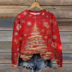 Moterų mados kalėdinis megztinis su spaudiniu ilgomis rankovėmis, apvaliu kaklu XL vynas