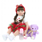 BZDOLL 60 cm Reborn Toddler žaislai mergaitėms (Juodi ilgi plaukai, medžiaginis kūnas, silikoninė galūnė) 24 colių miela princesės kūdikių suknelė žaislas gimtadienio dovana