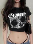 Senoviniai mar&scaron;kinėliai trumpomis rankovėmis 90-ųjų gotikinio Harajuku ra&scaron;to ra&scaron;to croptop skeletas Skull punk streetwear esteti&scaron;ki moteri&scaron;ki vir&scaron;utiniai drabužiai S juoda