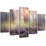 Penkių dalių paveikslų spausdinimas ant drobės Misty forest flowers 100x70 violetinė