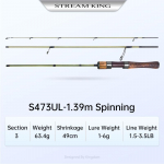 Kingdom NEW STREAM KING Anglies spiningo liejimo me&scaron;kerės 1,39 m 1,53 m UL L Power 3 Section MF Action Kelioninė me&scaron;kerė 1.39m spinning UL