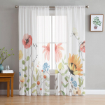 Pavasario akvarelė, gėlių lapai, permatomos užuolaidos svetainei miegamojo vaikų kambario tiulio langų apmu&scaron;alai 135W x 114H(cm)
