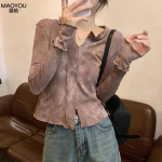 Prancūzi&scaron;ki saldūs vėsūs dažyti kaklarai&scaron;čiais mar&scaron;kinėliai moterims pavasariui ir rudeniui plonas ilgomis rankovėmis vir&scaron;us S