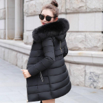 Žieminis paltas Moteri&scaron;ka žieminė striukė Moteri&scaron;ka parkas &Scaron;ilta nuimama kailinė apykaklė Slim Fit vir&scaron;utiniai drabužiai M juoda