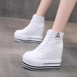 madingi HighTop rudens drobė Vulcanize Platforminiai sportbačiai Moteri&scaron;ki batai Juodi sportbačiai Stambus kulnas Baltas Moteri&scaron;ki madingi laisvalaikio batai 11 cm 37