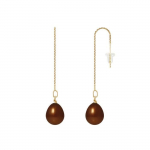 Boucles d'Oreilles Pendantes - PERLINEA - V&eacute;ritables Perles de Culture Chocolat - Or Jaune 9 Cts - 8-9 mm