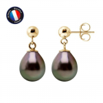 PERLINEA - Boucles d'Oreilles Com&egrave;te - V&eacute;ritables Perles de Culture de Tahiti - 8-9 mm - Or Jaune - Bijoux Femme
