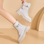 Nauji moteri&scaron;ki balti kulk&scaron;nies batai PU odos storu padu suvarstomi koviniai batai moteri&scaron;ki rudeniniai žiemos platforminiai batai guminiai kaubojų batai 35