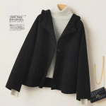 Smulkios moters Hepburn stiliaus juodas vilnonis paltas su kapi&scaron;onu - Trumpas, Dvipusis 2024 m. rudeniui/žiemai Medium