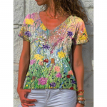 Vasaros V formos i&scaron;kirptės 3D gėlėmis marginti mar&scaron;kinėliai Madingi kasdieniai mar&scaron;kinėliai trumpomis rankovėmis moterims S