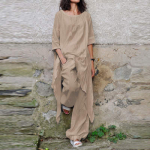 Moteri&scaron;kas medvilninis lino rinkinys Vintage Fashion netaisyklingas vir&scaron;us su auk&scaron;tu juosmeniu plačiomis kelnėmis 2 dalių rinkinys Atsitiktinis eleganti&scaron;kas moteri&scaron;kas vienspalvis rinkinys M