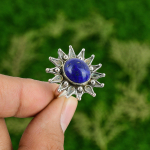 Dovana jai Natūralus Lapis Lazuli Pažado Gėlė Reguliuojamas Žiedas 925 Sidabras Adjustable