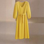 Moteri&scaron;ka vienspalvė ilgomis rankovėmis V formos i&scaron;kirptės eleganti&scaron;ka ir universali kasdienė midi suknelė XXL geltona