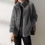 &bdquo;Winter Women Plus&ldquo; vilnonis pastorintas dvipusis vilnonis stovas apykaklės &scaron;iltas gobtuvas megztinis su užtrauktuku vilnonė striukė XXXL pilka