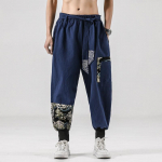 Japoni&scaron;kas kimono vyri&scaron;kas medvilninis lininis samurajų kostiumas Ukiyo-e spausdintas diržas Retro Harem kelnės Haori Baggy Kelnės Harajuku Hip Hop 5XL tamsiai mėlyna spalva