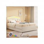 Lit rembourr&eacute; - MUVOE - 90x200 cm - Beige - &Eacute;clairage LED t&eacute;l&eacute;command&eacute; - 2 tiroirs de rangement
