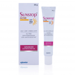 SUNSTOP Spuogų Gelis SPF - Matinio Poveikio, Riebalų Kontroliuojantis Kremas nuo Saulės Riebiai/Spuoguotai Odai (Titano dioksidas, Tinosorb S) - Nekem&scaron;antis, Kelioninio dydžio