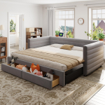 Apmu&scaron;ta lova 3-in-1 i&scaron;traukiama sofa-lova 90 x 190 cm, su stalčiais, transformuojama į vienvietę/dvigulę lovą, medvilnė ir linas, pilka (Čiužinys neįtrauktas) 207 x 189 x 74 cm pilka