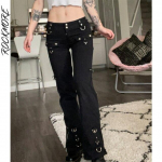 Rockmore Gothic Skinny Low Waist Džinsai Moteri&scaron;ki Punk Cargo Kelnės Kniedės Tamsiai Akademinės Juodos Džinsinės Kelnės Kaprio mados gatvės drabužiai S juoda