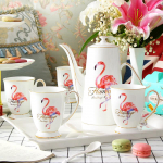 Porcelianinis arbatos rinkinys, Flamingo arbatos puodo ir puodelių rinkinys, Keraminiai indai gerti arbatą, kavą ir vandenį, Popietinės arbatos vakarėlio vestuvinės dovanos Flamingo 2 cups+1 pot