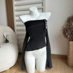 Madingas, paprastas klasikinis megztas megztinis su kakleliu i&scaron; peties ilgomis rankovėmis megztiniai su plačiomis rankovėmis rudens žiemos Y2K gatvės apranga One Size juoda