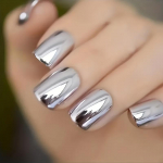 Medium Squoval Press On Nails, , Silver Mirror Glossy Fake Nails, Acrylic All Cover Dirbtiniai Nagai Moterims Ir Merginoms 24vnt.,Be acetono ABS