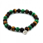 Pierres et Min&eacute;raux. Bracelet Perles Oeil de Tigre + Agate noire + Malachite 8 mm. Fabriqu&eacute; en France.