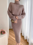 Moteri&scaron;ka žieminė 2 pakelių ilga Bodycon megztinė suknelė chaki