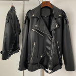 OFTBUY Moteri&scaron;ka Vintažinė Laisva PU Dirbtinės Odos Trumpa Striukė su Diržu Motociklininko Striukė Moteri&scaron;kas Užtrauktukas Retro Moto Biker Paltai Vir&scaron;utiniai Drabužiai L juoda