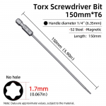 Magnetinis Torx atsuktuvo antgalis 150mm T6-T40 1/4 &scaron;e&scaron;iakampis kotas su kiauryme, saugos antgaliai S2 plienas, elektriniai rankiniai įrankiai